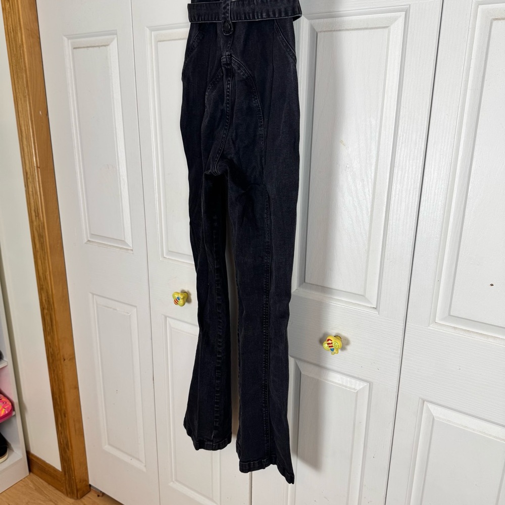 Suki So Black Denim Jumpsuit Zip Front Collar Belted Flare Leg Women's S - Picture 6 of 8